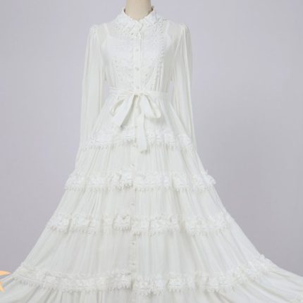 Elegant Autumn New Round Neck Embroidered Single Breasted Lace Splicing Bubble Long Sleeve Dress-YY0043GZ