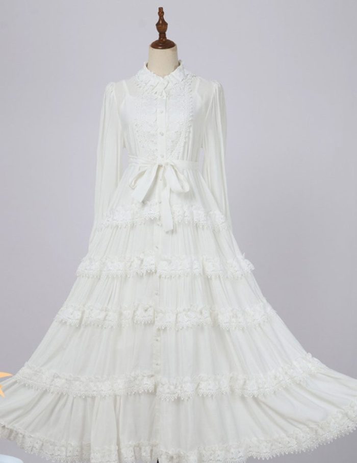 Elegant Autumn New Round Neck Embroidered Single Breasted Lace Splicing Bubble Long Sleeve Dress-YY0043GZ