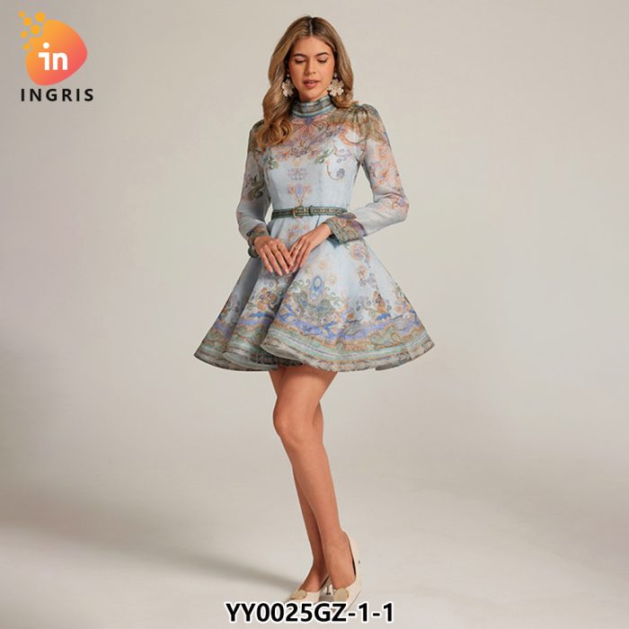 French Retro Standing Collar Lantern Sleeve Printed Dress for Women in Autumn New Collection Waist Slimming A-line Short Skirt-YY0025GZ