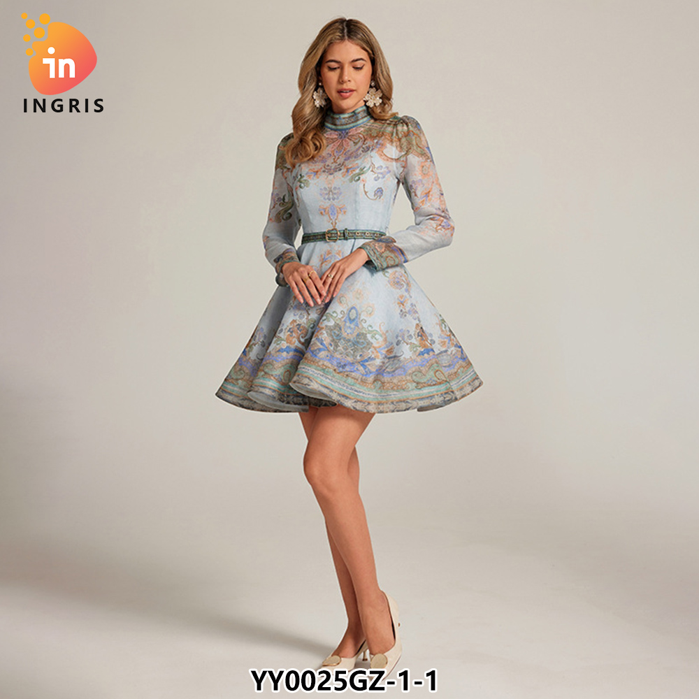 French Retro Standing Collar Lantern Sleeve Printed Dress for Women in Autumn New Collection Waist Slimming A-line Short Skirt-YY0025GZ