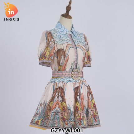 new spring fashionable V-neck short-sleeved positioning printed shirt dress for women casual party tea party dress for women-GZYYWL001