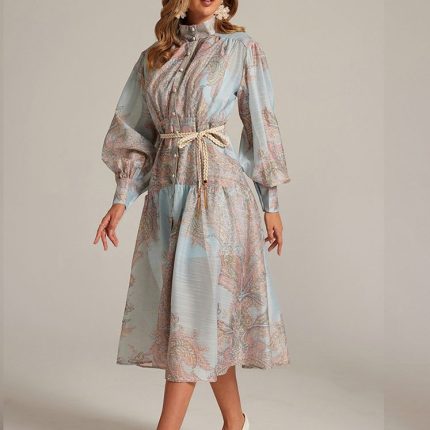 New Design Sense Niche Stand Collar Lantern Sleeve Printed Dress Loose and Thin Elegant Long Dresses-YY0026GZ
