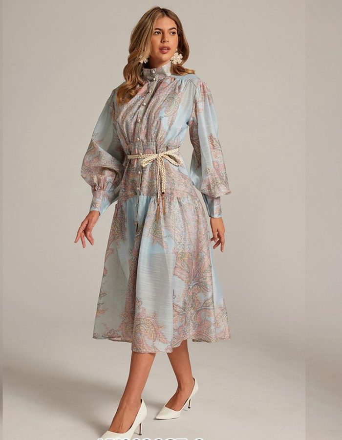New Design Sense Niche Stand Collar Lantern Sleeve Printed Dress Loose and Thin Elegant Long Dresses-YY0026GZ