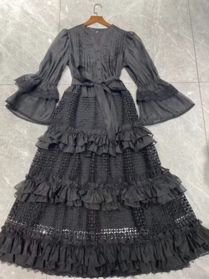 Custom Ruffles Elegant Solid Patchwork Lace Dress Manufacturer-YY0018GZ