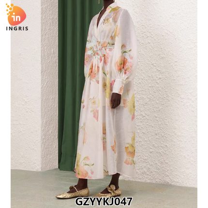 Women Pink Long Sleeves Printed Midi Ladies Summer Elegant Vestido Casual Dress-GZYYKJ047