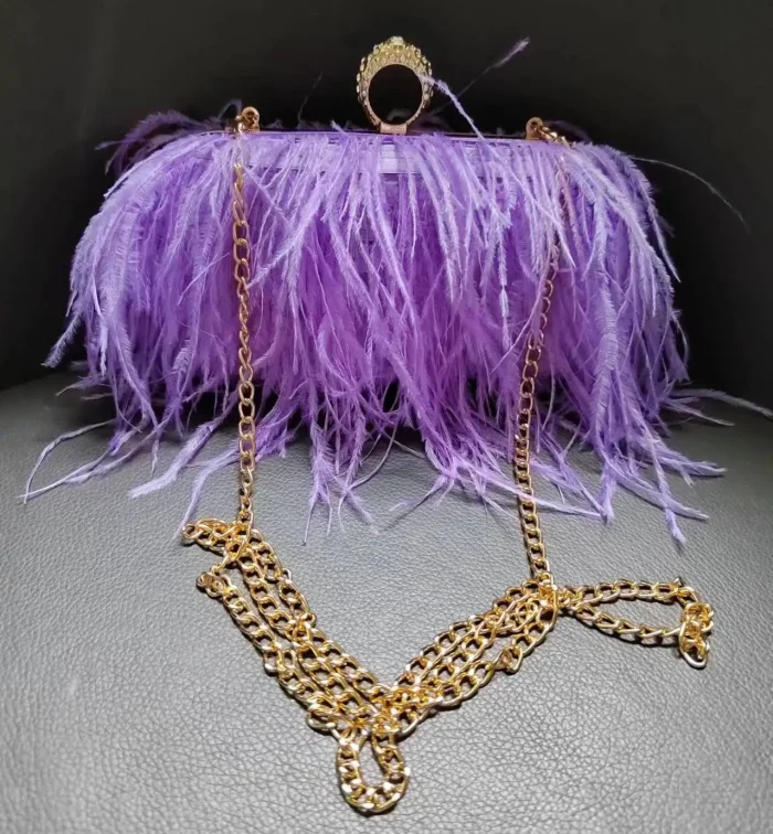 Luxury Purple Feather Clutch Bag with Gold Chain – Evening & Party Purse