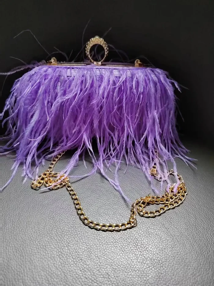 Luxury Purple Feather Clutch Bag with Gold Chain – Evening & Party Purse